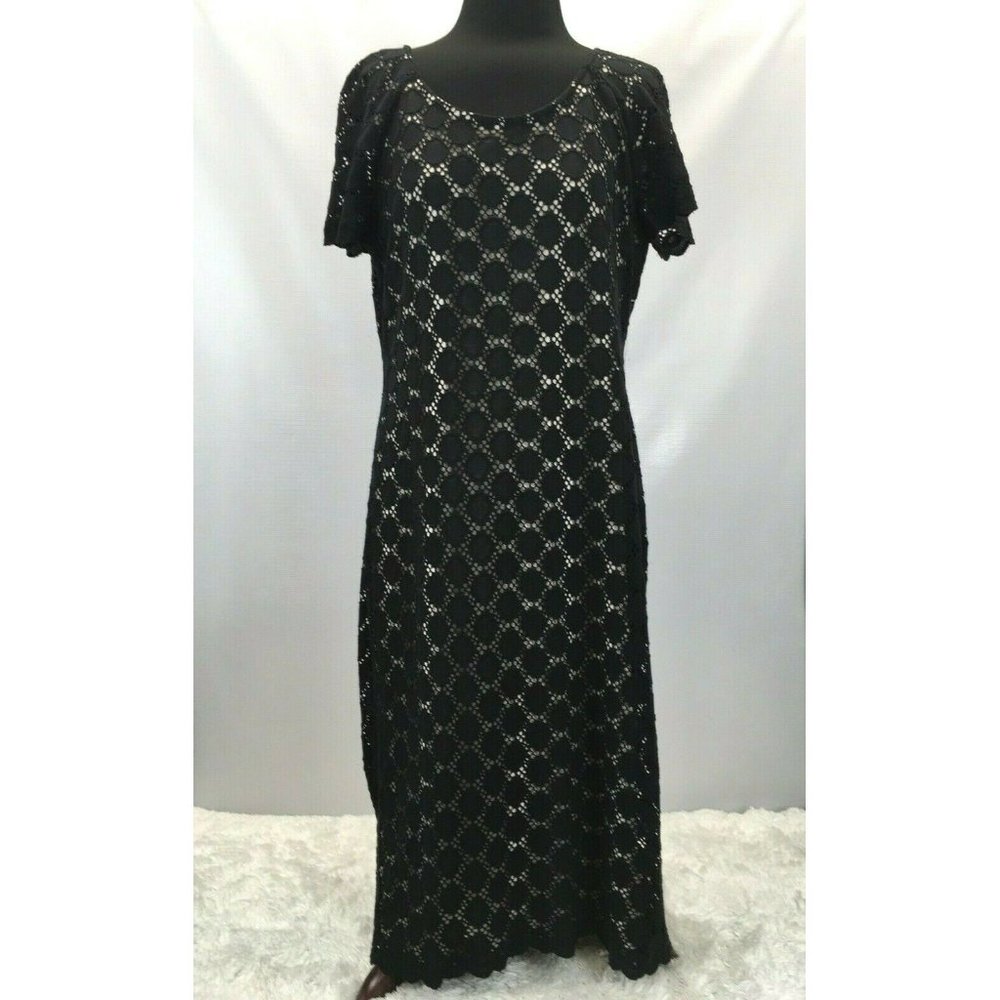 Ronni Nicole Dress Lacey SeeThru Nude Lined Scalloped Sleeves Hem Women 14 Black